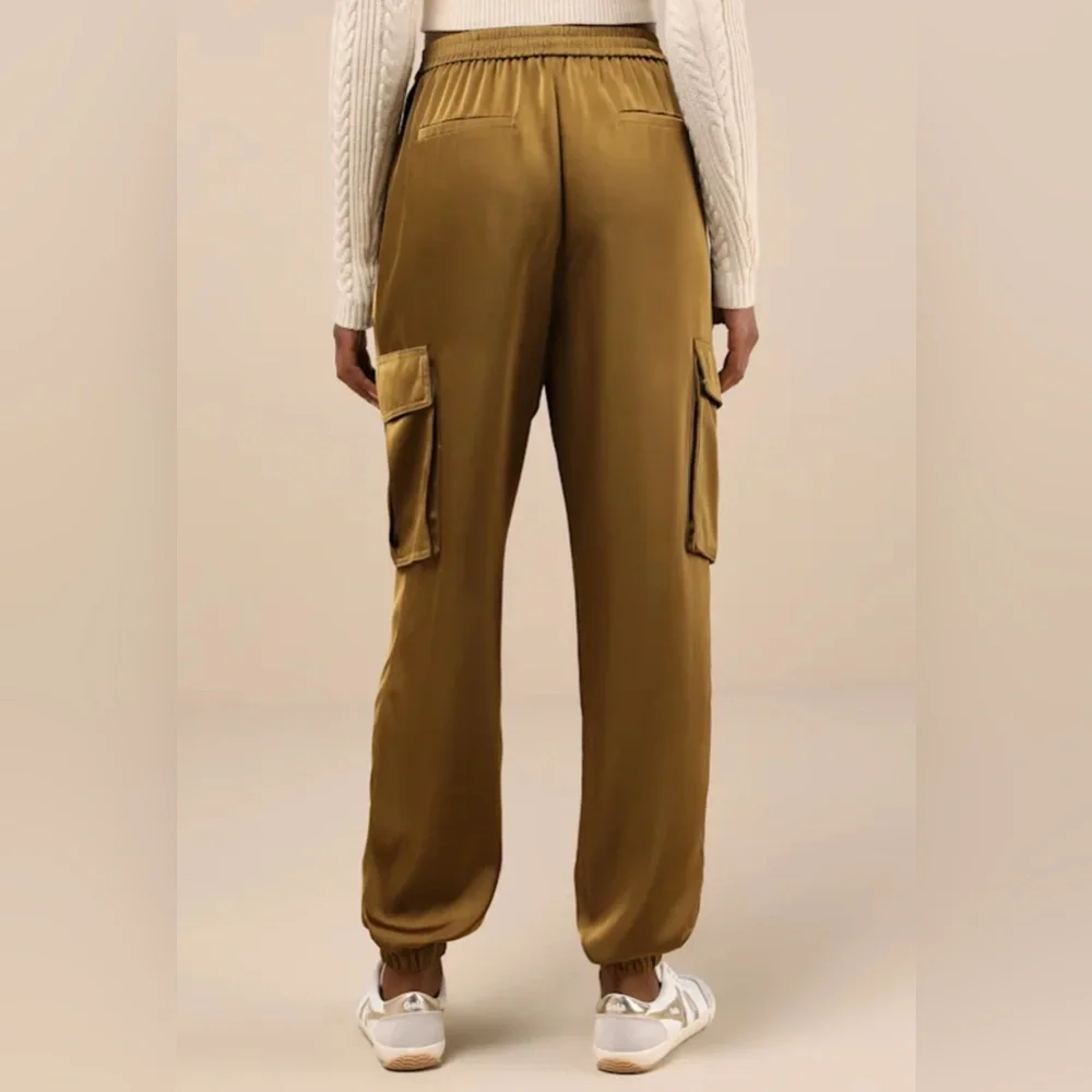 NWT Lulus Chic Dedication Olive Green Satin High-Rise Cargo Jogger Pants - Picture 2 of 7